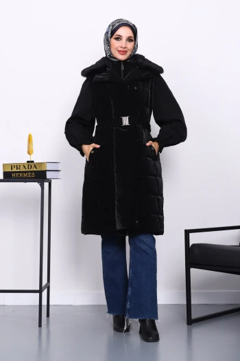 Siyah Yaka Kürklü Lastik Kemerli Uzun Şişme Yelek