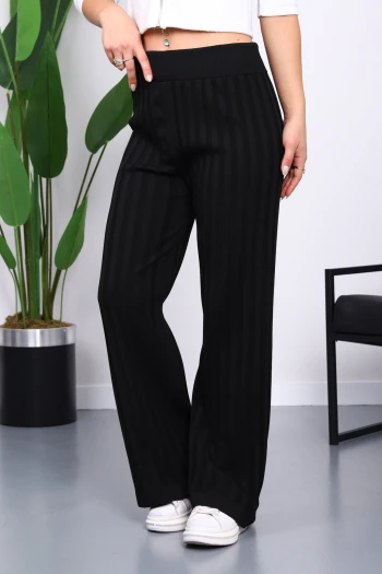 Siyah Yüksek Bel Fitilli Bol Paça Triko Pantolon