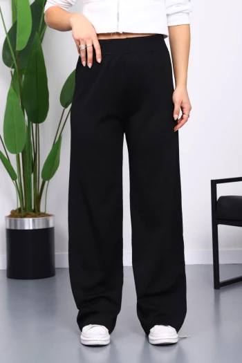 Siyah Yüksek Bel Fitilli Bol Paça Triko Pantolon