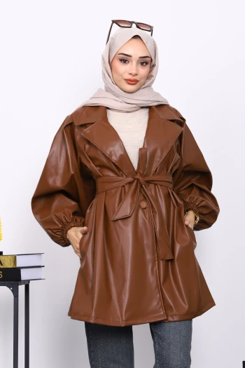 Taba Balon Kol Kuşaklı Deri Ceket