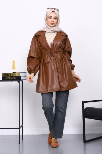 Taba Balon Kol Kuşaklı Deri Ceket