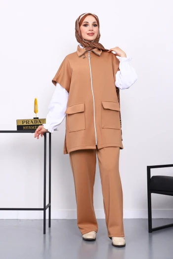 Taba Fermuarlı Yelek Pantolonlu Scuba Takım