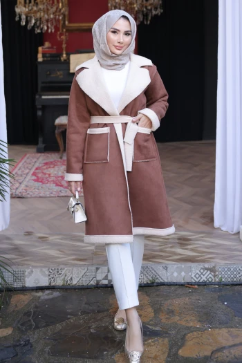 Taba Kruvaze Yaka İçi Kürklü Süet Kaban