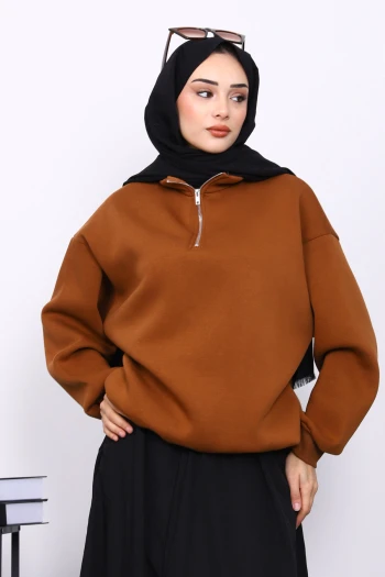 Taba Yaka Fermuarlı Üç İplik Şardonlu Sweat