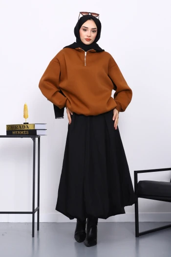 Taba Yaka Fermuarlı Üç İplik Şardonlu Sweat