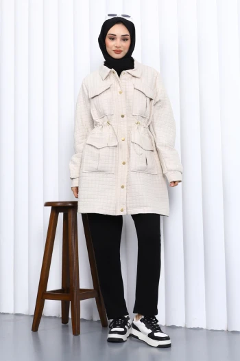 Taş Bel Büzgülü Kapitone Mont