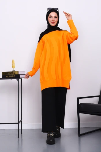 Turuncu Bisiklet Yaka Soğuk İplik Triko Tunik