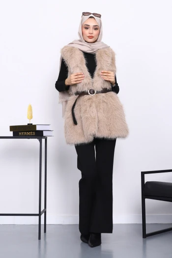 Vizon Bel Kemerli Çift Cepli Kürk Yelek