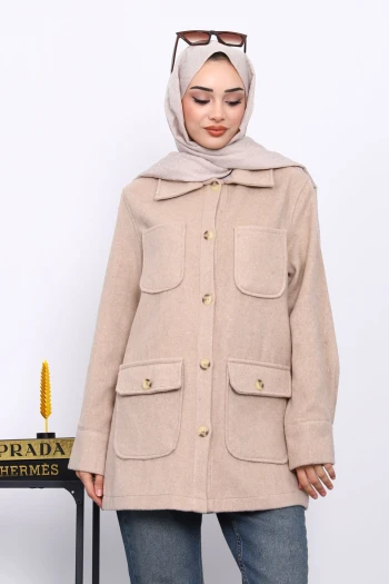 Vizon Cepli Düğmeli Kaşe Ceket