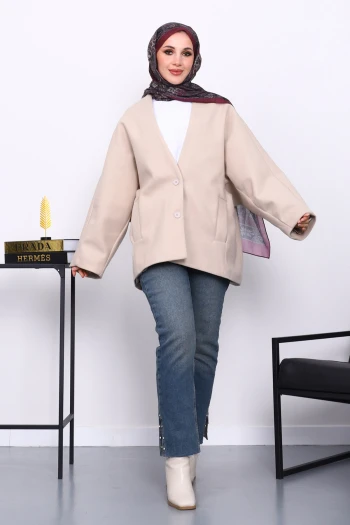 Vizon Düğme Detaylı Astarlı Kaşe Ceket