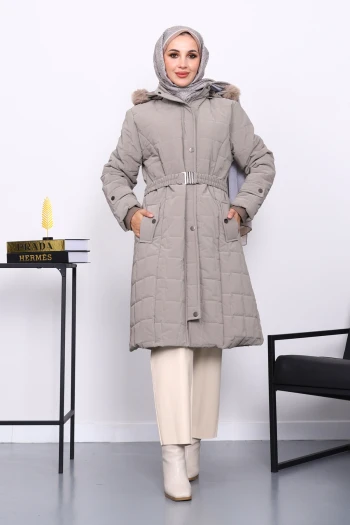 Vizon Kapüşonu Kürklü Uzun Şişme Mont