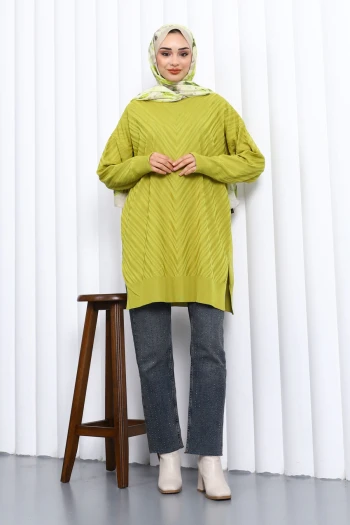 Yağ Yeşili Bisiklet Yaka Soğuk İplik Triko Tunik