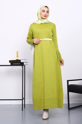 Yağ Yeşili Bisiklet Yaka Triko Elbise