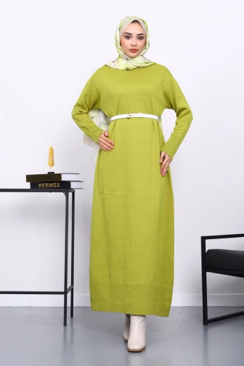 Yağ Yeşili Bisiklet Yaka Triko Elbise