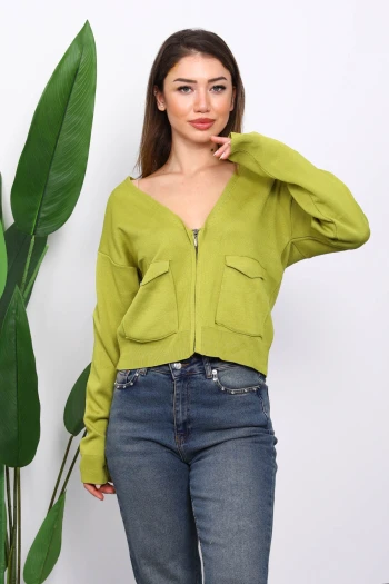 Yağ Yeşili Çift Cepli Fermuarlı Triko Hırka