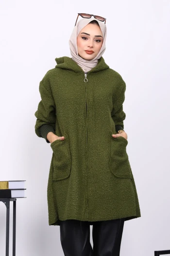 Yağ Yeşili Fermuarlı Cepli Buklet Kaban