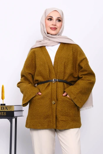 Yağ Yeşili Kemerli Oversize Buklet Ceket