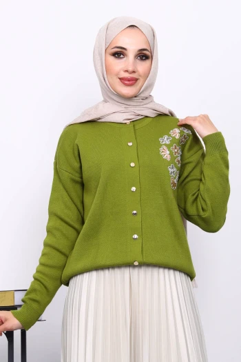Yağ Yeşili Nakışlı Düğmeli Triko Hırka