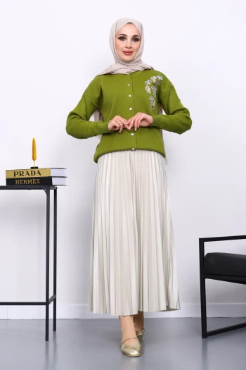 Yağ Yeşili Nakışlı Düğmeli Triko Hırka