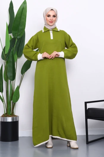 Yeşil Gömlek Yaka Fermuarlı Triko Elbise