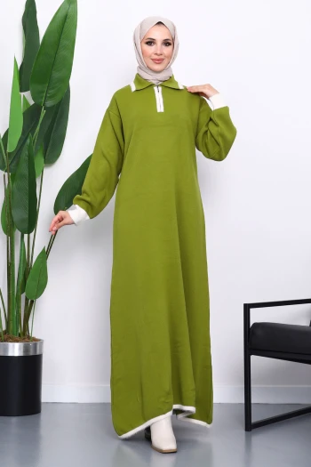 Yeşil Gömlek Yaka Fermuarlı Triko Elbise