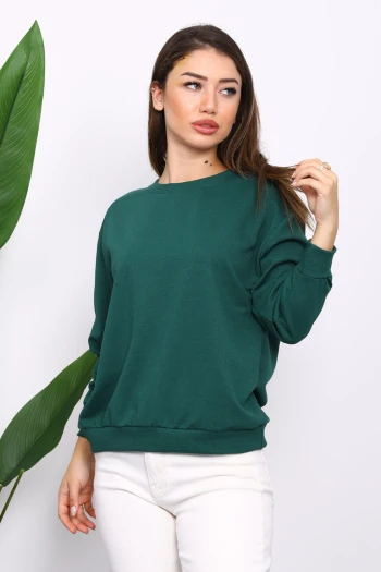 Zümrüt Yeşili Bisiklet Yaka İki İplik Sweatshirt