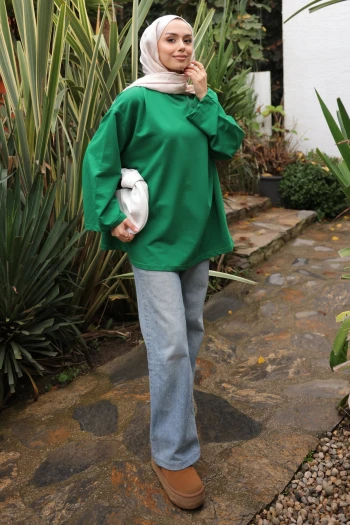 Zümrüt Yeşili Bisiklet Yaka Oversize İki İplik Tunik
