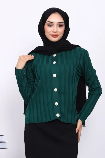 Zümrüt Yeşili Soğuk İplik Düğmeli Hırka