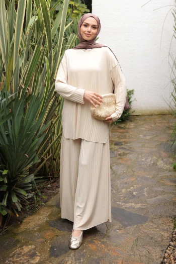 Açık Bej Piliseli Sandy Tunik Pantolon Takım