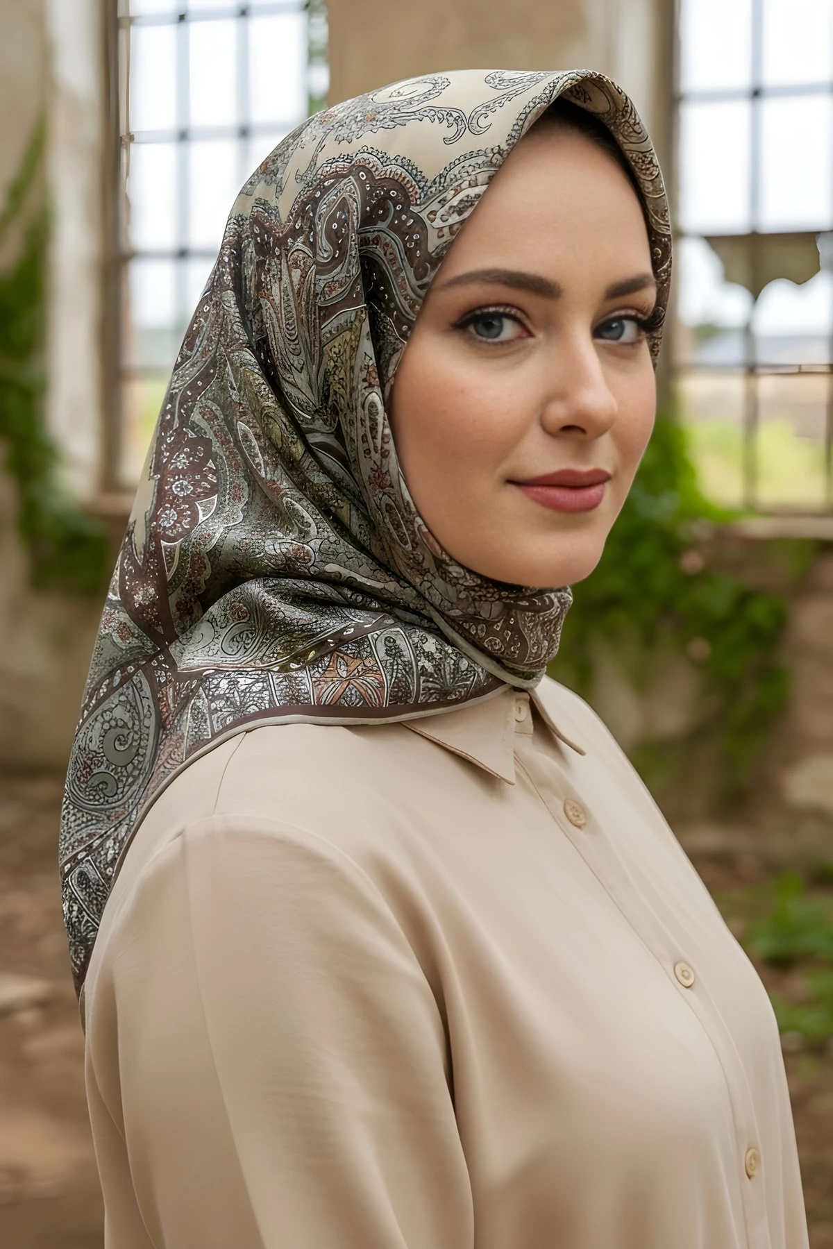 Açık Haki İpekhan Soft Dijital Pamuklu Eşarp