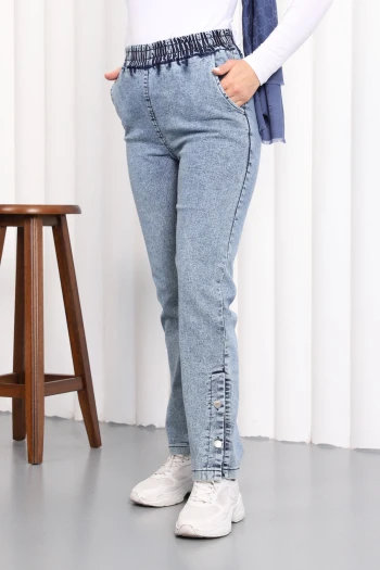 Açık Mavi Paça Düğmeli Kot Pantolon