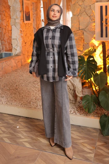 Antrasit Atkı Detaylı Garnili Ekose Gömlek