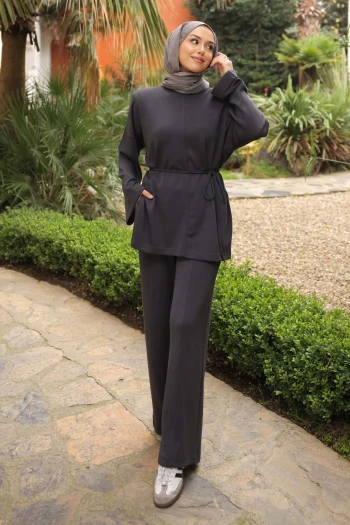 Antrasit Bel Bağlamalı Tunik Pantolonlu Modal Takım