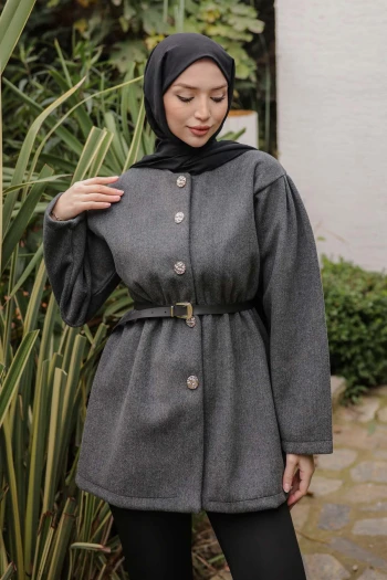 Antrasit Bel Lastikli Düğmeli Kaşe Çeket