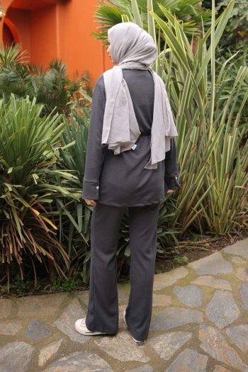 Antrasit Fitilli Bel Bağlamalıı Tunik Pantolonlu Takım