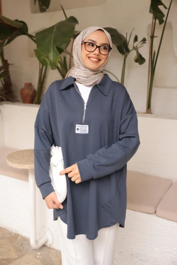 Antrasit Yarım Fermuarlı Armalı Dikiş Detaylı Modal Tunik