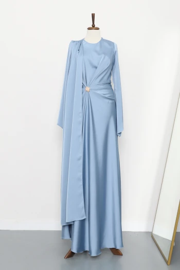 Bebe Mavi Önü Pelerinli Drapeli Saten Abiye