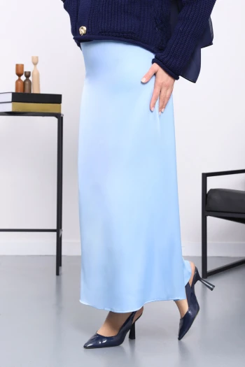 Bebe Mavi Yan Fermuarlı Saten Kloş Etek