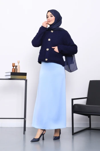 Bebe Mavi Yan Fermuarlı Saten Kloş Etek