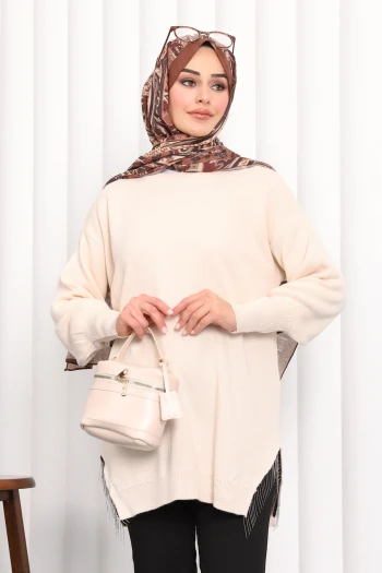 Bej Balon Kol Yan Detaylı Triko Tunik