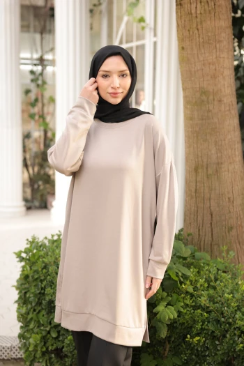 Bej Bisiklet Yaka Modal Tunik