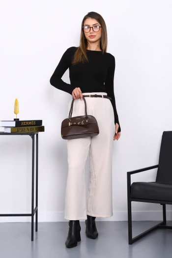 Bej Kemerli Yan Fermuarlı Pantolon