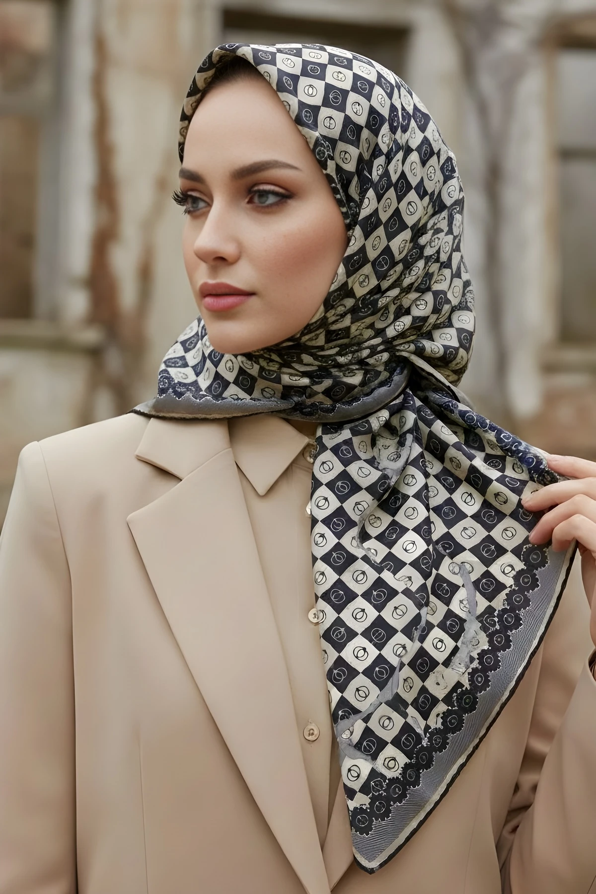 Bej/Siyah İpekhan Soft Dijital Pamuklu Eşarp