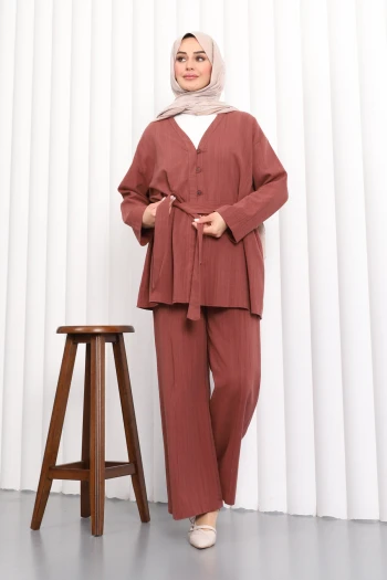 Bordo Bel Kuşaklı  Keten Tunik Pantolonlu Takım