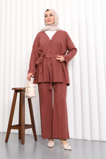 Bordo Bel Kuşaklı  Keten Tunik Pantolonlu Takım