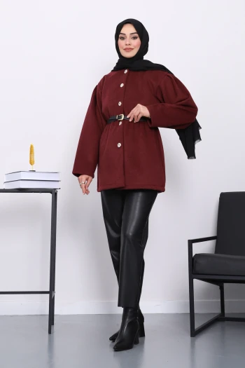 Bordo Bel Lastikli Kemerli Kaşe Çeket