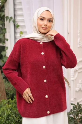 Bordo Bisiklet Yaka Angora Yumoş Hırka