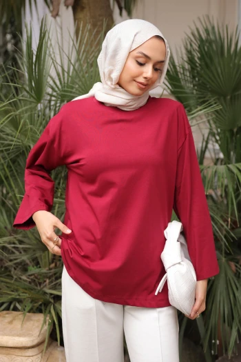 Bordo Bisiklet Yaka Oversize Kol İnce Penye Sweat