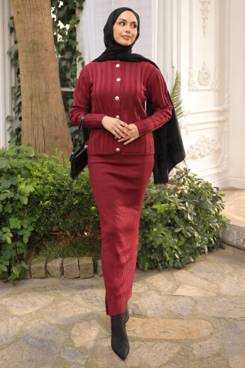 Bordo Crop Hırka Triko Elbise İkili Kombin