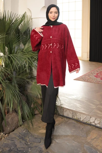 Bordo Desenli Angora Yumoş Triko Hırka